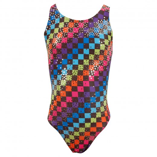 Maru Chequer Sparkle Race Back Girls Swimming Costume Multi