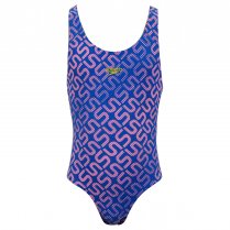 Speedo Girl's Allover Splashback Monogram Swimming Costume Blue